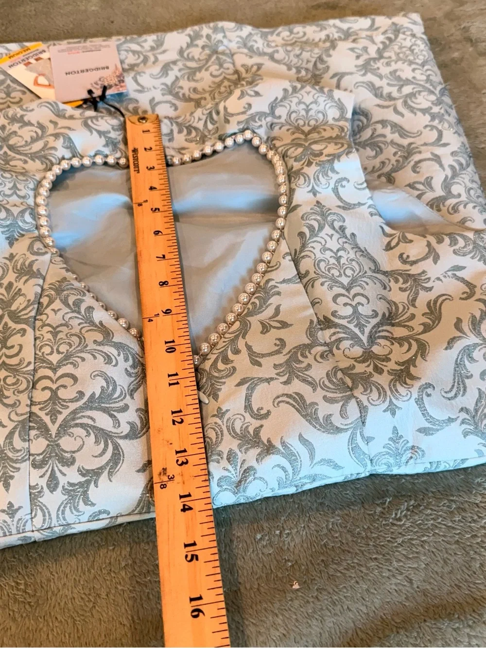Bridgerton Cutout Heart Dress Teal Damask Pearl Back Detail Women’s M NWT - Picture 15 of 16